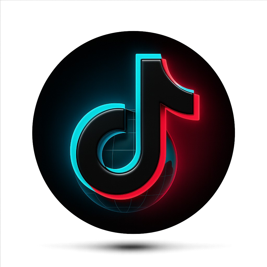 Tiktok logo musical note cyan red neon on black globe background
