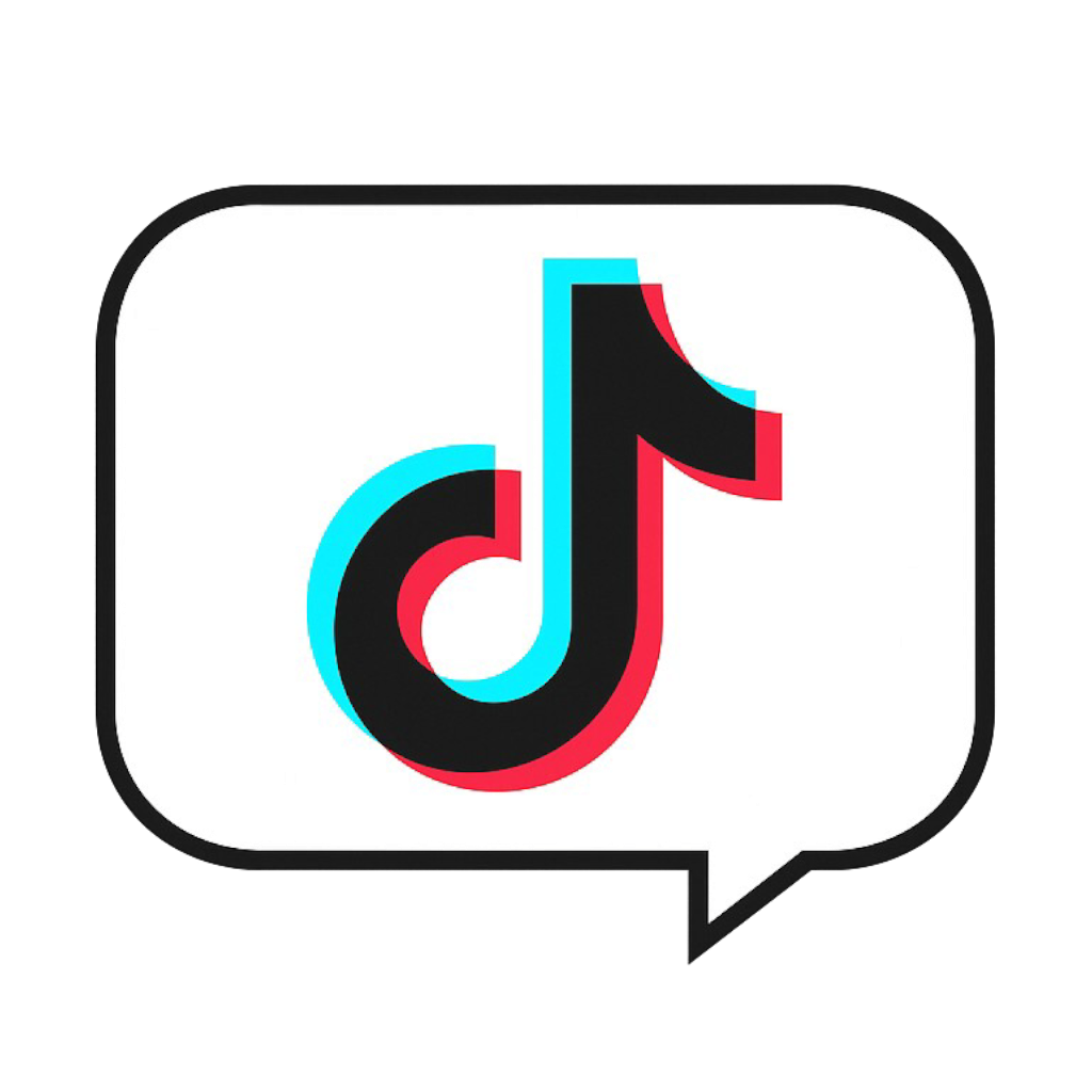 Tiktok logo speech bubble white outline black red blue on black background