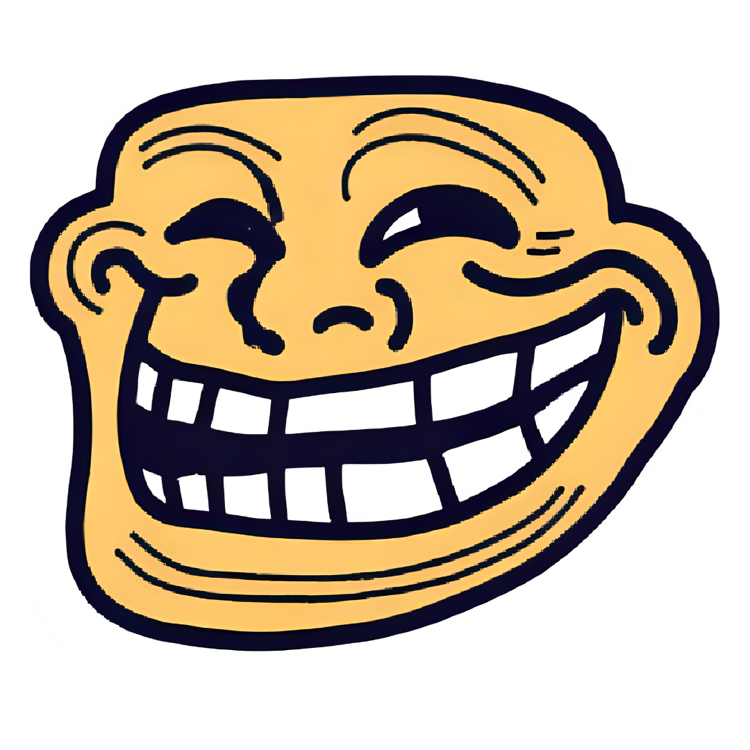Troll face png transparent black smiling wide teeth eyes squint raised brows cartoon thailand clipart