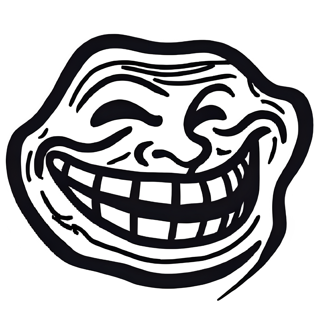 Troll face png transparent black white wide grin big nose eyes squint classic style cartoon thailand clipart