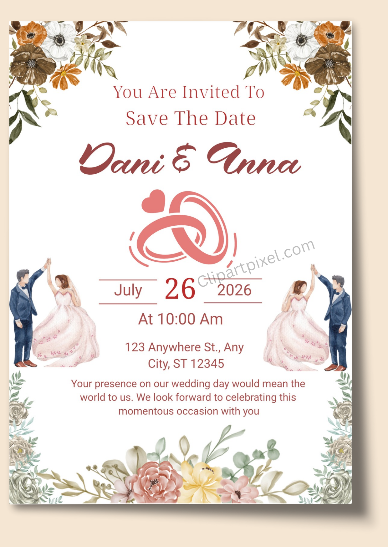 Dancing couple save the date wedding invitation with floral design editable template