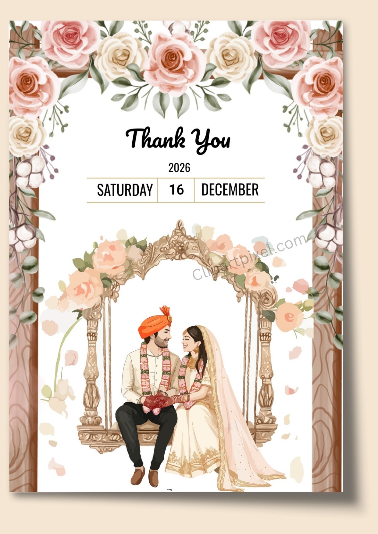 Indian Wedding Thank You Card with Bride Groom on Swing – Floral Design
