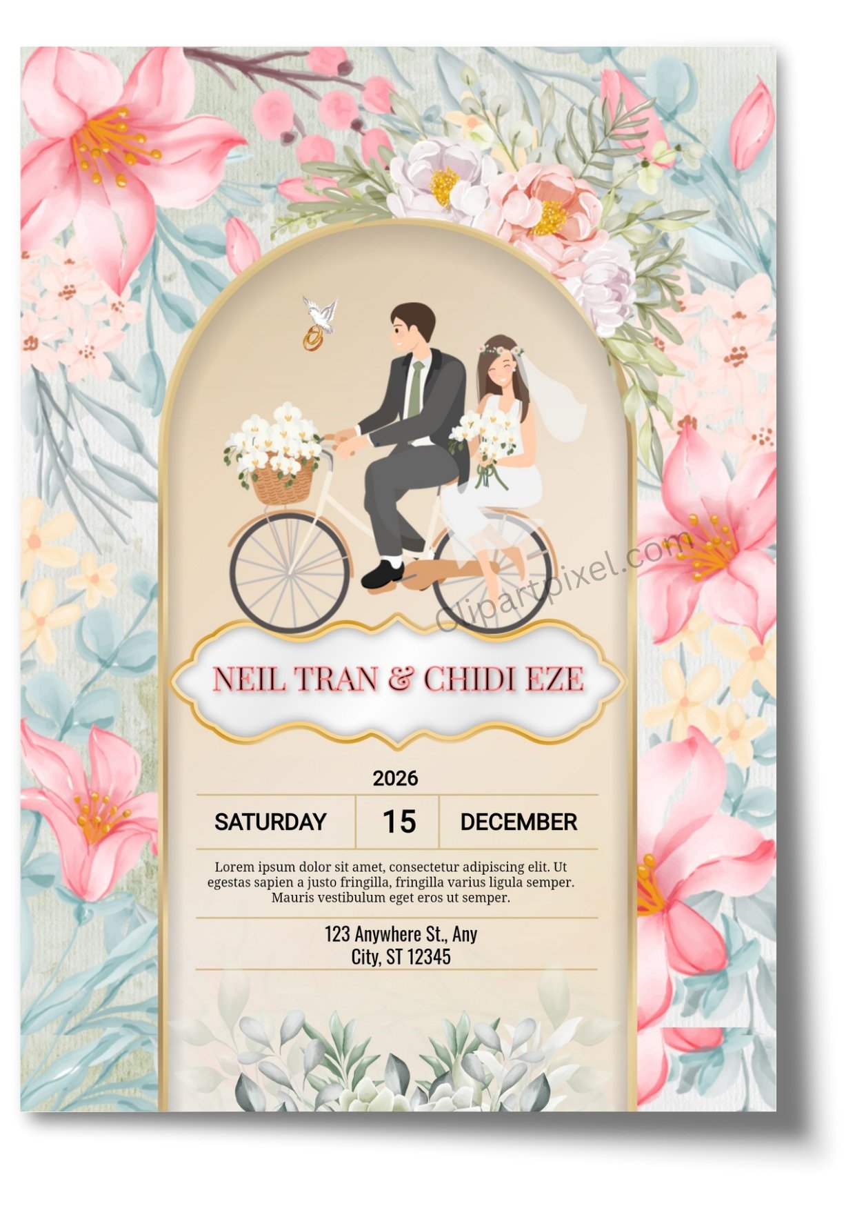 Romantic Bicycle Couple Wedding Invitation with Floral Design – Editable Template