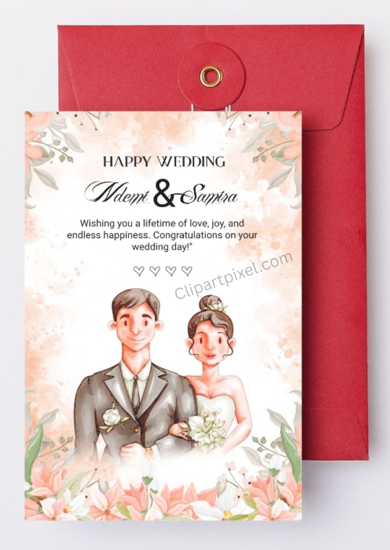 Cartoon couple happy wedding greeting card with floral design