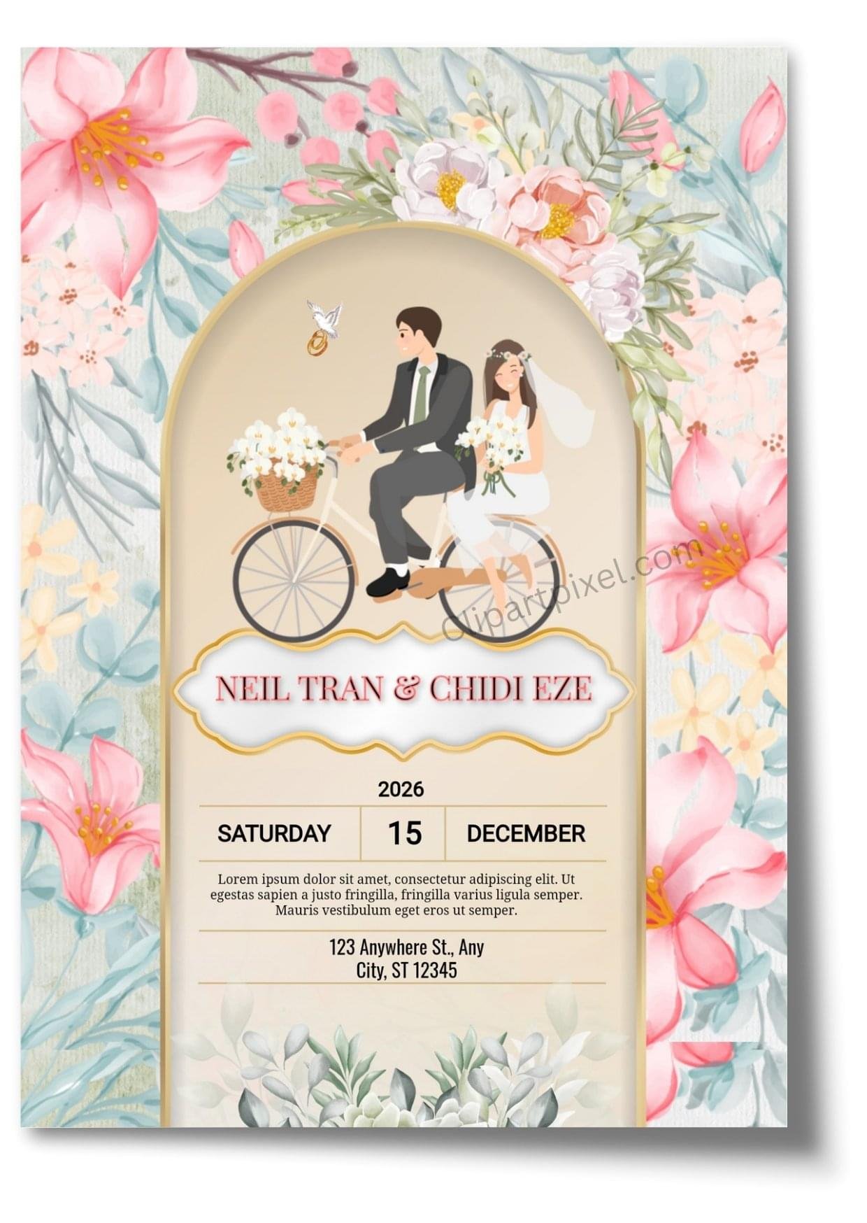 Romantic Bicycle Couple Wedding Invitation with Floral Design – Editable Template