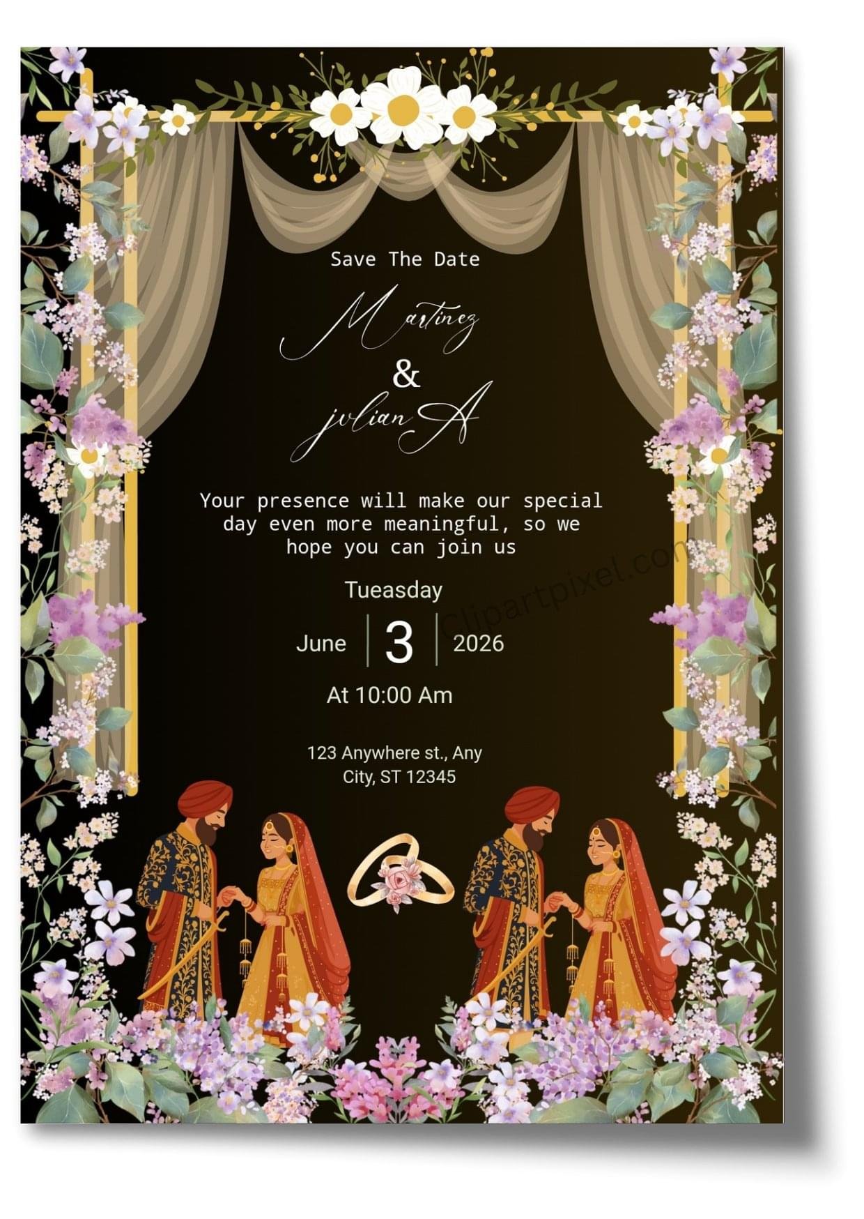 Free Editable Black Floral Indian Save The Date Wedding Invitation Online